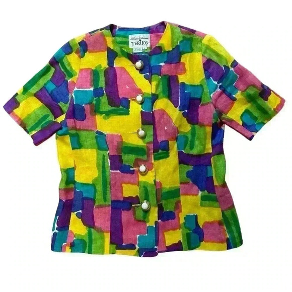 Rickie Freeman Teri Jon Blazer Womens 4 Bright Paint Print Linen Crop Jacket - Picture 4 of 5